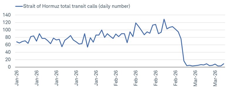 Daily number of stops, or "port transit calls," in the Strait of Hormuz between January 1, 2026 and March 15, 2026. The number has fallen sharply from more than 100 to near zero.
