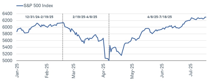 The S&P 500 Index can be broken this year down into three distinct phases:  year-to-date, between the prior high on February 19 and the closing low on April 8, and since April 8.