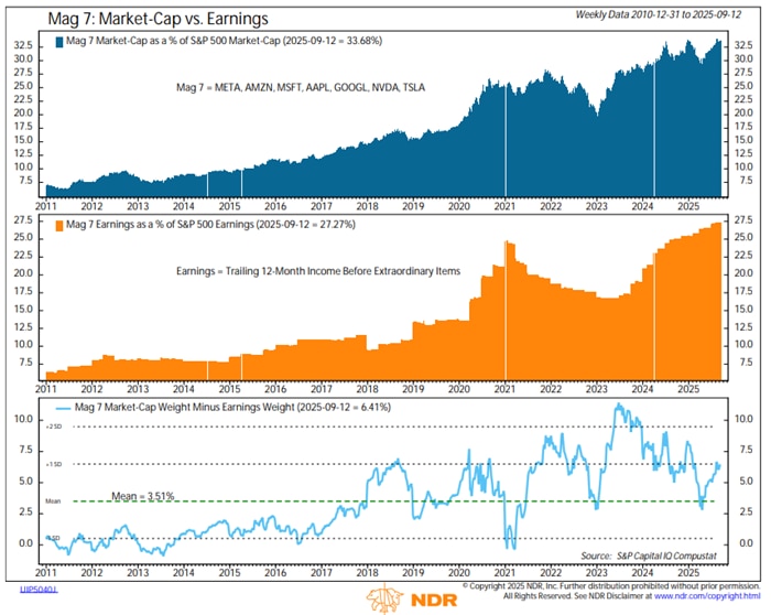 The Magnificent 7 group of stocks makes up nearly 34% of the S&P 500's market cap, and makes up 27% of the index's earnings per share.