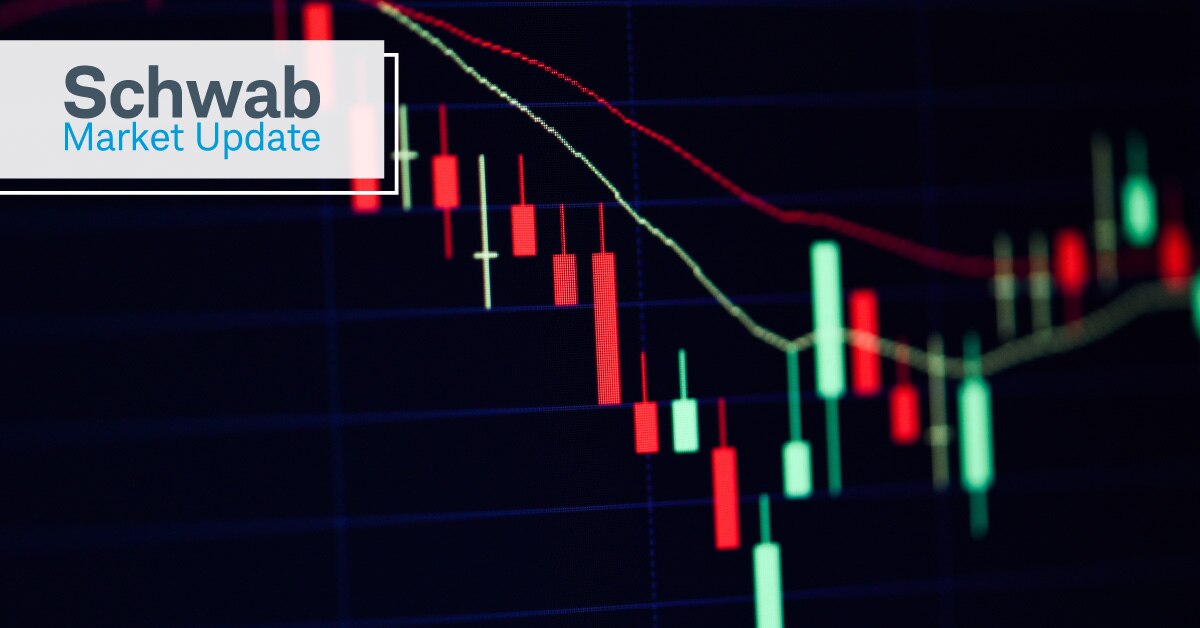 Schwab Market Update: A candlestick chart falling and rising.