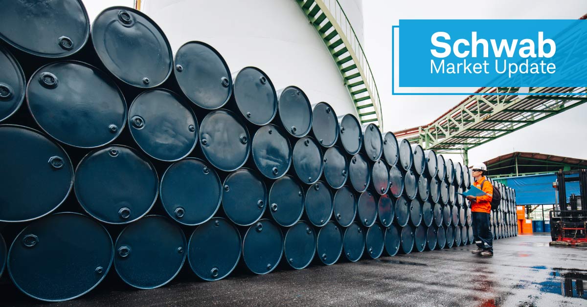 Schwab Market Update: Barrels at an oil refinery.
