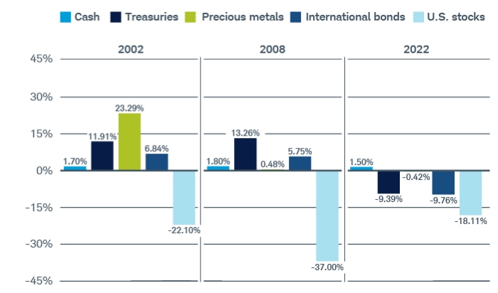Bar chart showing how cash, treasuries, precious metals, and international bonds have outperformed U.S. stocks in 2002, 2008, and 2022.