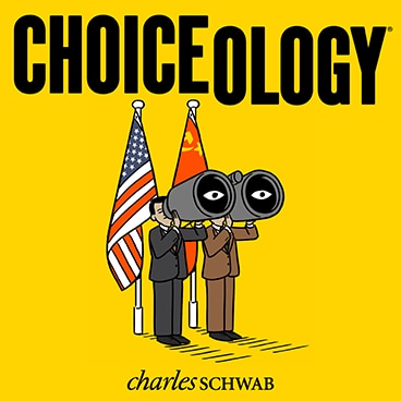Choiceology, illustration of two politicians looking through binoculars, Charles Schwab