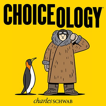 Choiceology title. Illustration of an explorer giving a thumbs down beside a penguin.