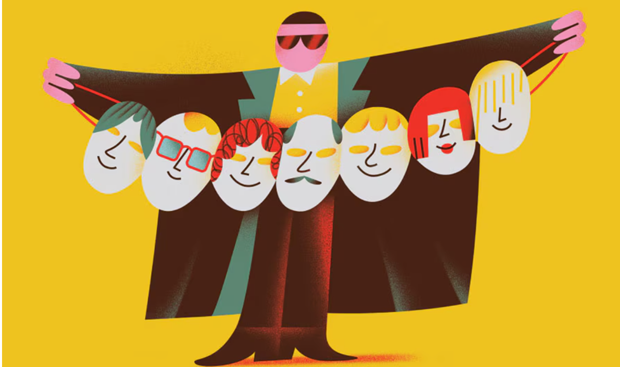 Illustration of an ominous person in a long dark coat holding up several smiling masks, representing different false identities