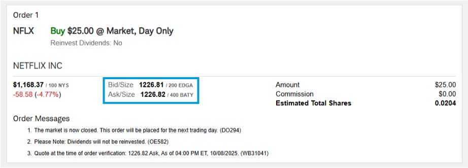 An image showing an example screenshot of a Schwab Stock Slices order review screen.