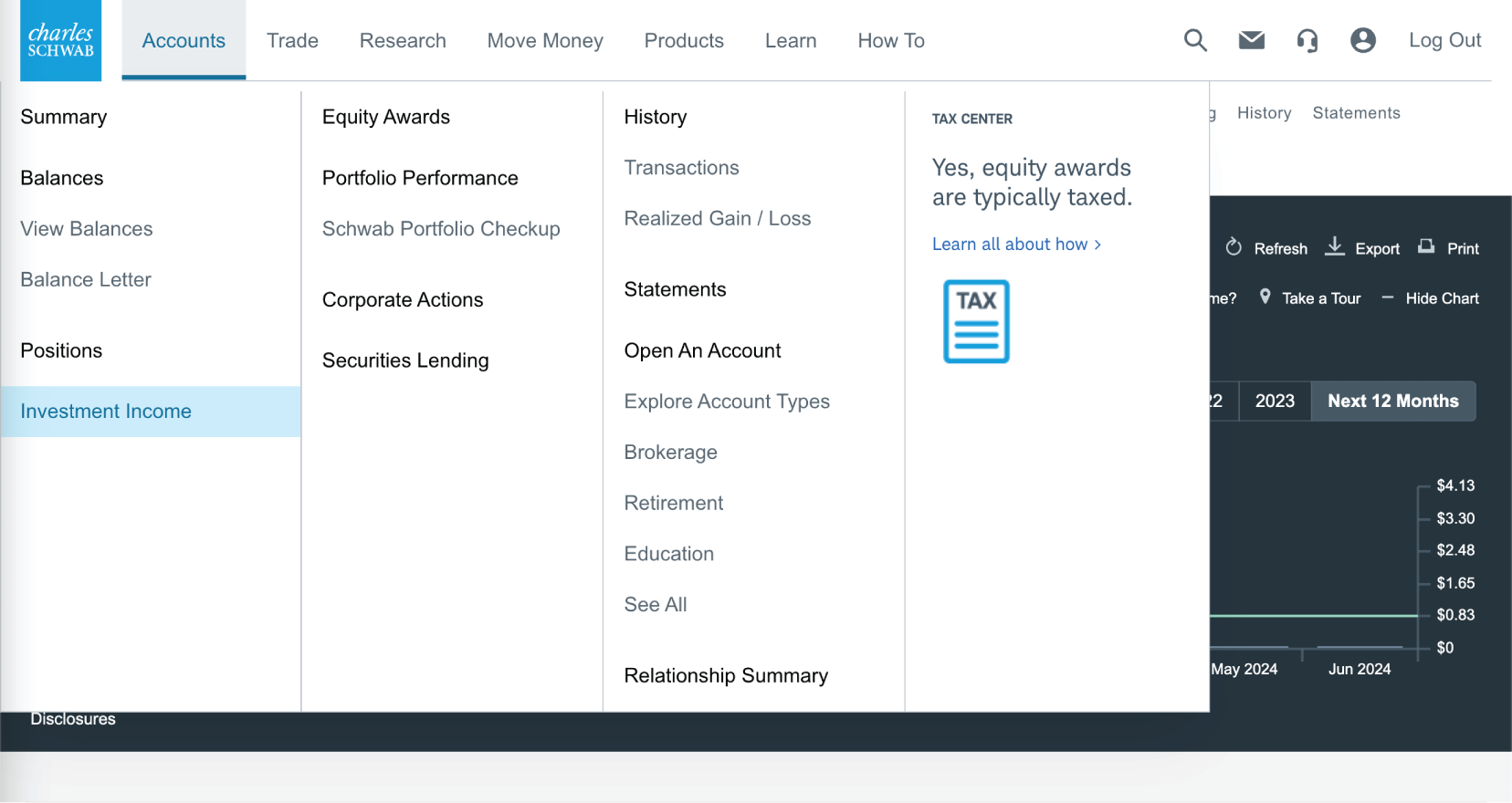 Find information about investment income using the Accounts drop-down menu and selecting Investment Income.