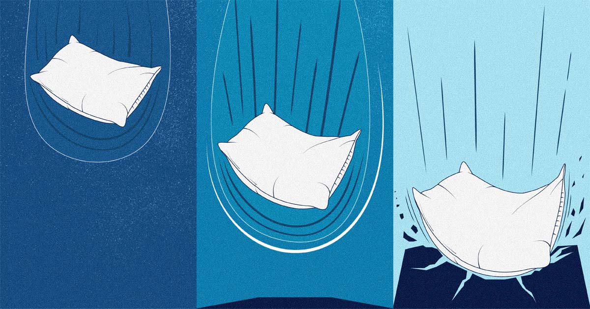 Cartoon illustration of a soft pillow gradually falling through the air but making a sudden, hard collision with the ground upon landing.