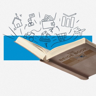 An image of a beige book with stylized icons representing different industries and economic data coming out of it.