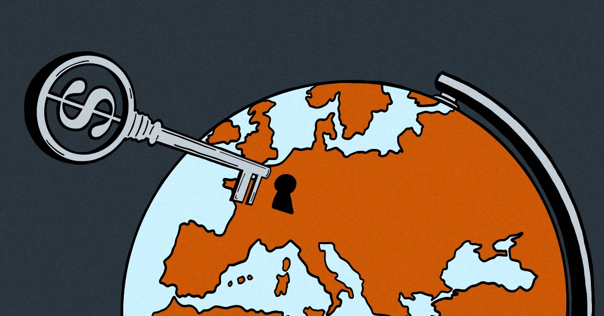 A cartoon image of a globe, with a keyhole in Europe, being approached by a large metal key.