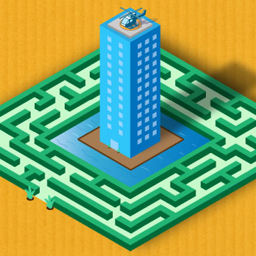 An office building surrounded by a water-filled moat and a maze.
