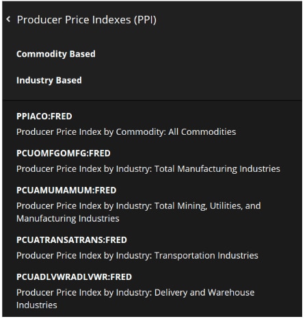 List of indicators available after selecting the Producer Price Indexes (PPI) category on the Economic Data page, showing both available indexes and ticker symbols. 