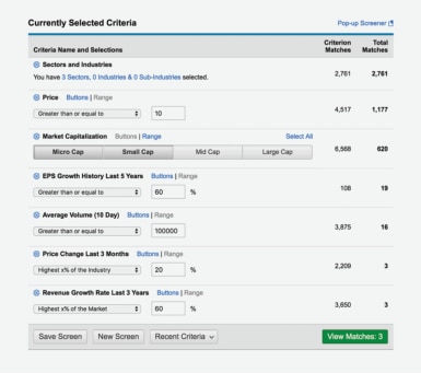 Criteria screen