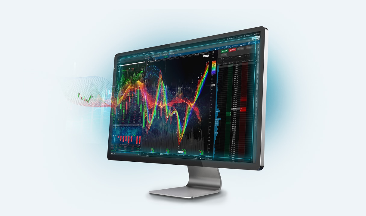 Computer monitor with black background and multicolor graph extending off the monitor on one side.